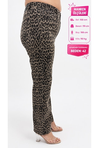 Zanessi Fashıon Büyük Beden Leopar Desenli Denim Kadın Pantolon