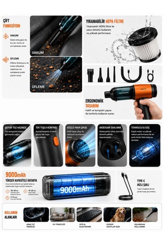 22000pa Güçlü Araç İçi Süpürge 9000mah Şarjlı 2 Hepa 1 Metal Filtreli Oto El Süpürgesi Siyah