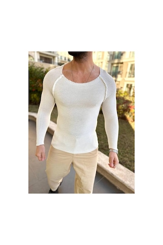 Elku Moda Kazak Slim Fit Triko Dar Kesim Geniş Yaka Yumuşak Dokulu Pamuklu Kazak Ekru