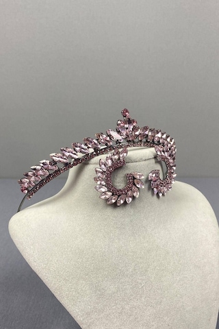 FdayAksesuar En Güzel Gelinlere Pembe İnce İlayda Model Gelin Tacı Ve Yuvarlak Taşlı Küpe Takımı FRDY30116