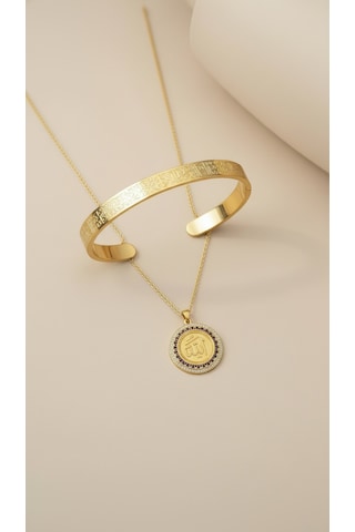 Allah Yazılı Kolye Ve Ayetel Kürsi Bileklik Seti Gold Renk Çelik Takı Altın