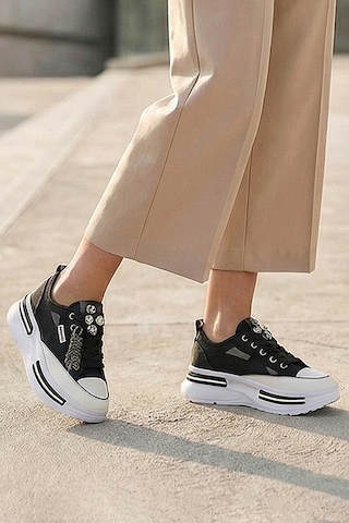 Tw Tonny White Tokyo - 172 Tül Detaylı Keten Sneakers Topuk Boyu 5cm Siyah