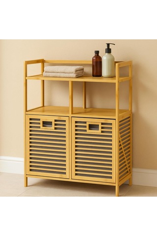 Bambu 2 Kapaklı 240 Lt Çamaşır Dolabı Çamaşır Sepeti Banyo Düzenleyici 90x82,5x33 Cm Açık Raflı Çok Amaçlı Depolama Çok Renkli