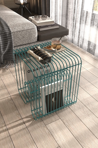 Santorini Tel Metal Tasarımlı Modern Paslanmaz Yan Sehpa, Dekoratif Metal Sehpa Boz Turkuaz