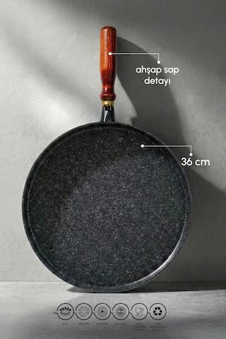 Granito Bazlama Ve Gözleme Tavası - Ahşap Saplı - 36 Cm Sıyah Siyah