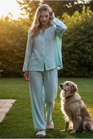 Combattente Exclusive Products Organik Müslin 2'li Takım - Kadın Pijama - Gömlek Takım- Naturel Doğal-oeko Tex Sertifikalı Kumaş Mint