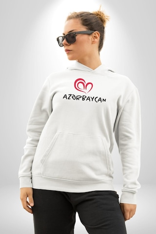 Azerbaycan Seviyorum I Love Azarbaycan Kadın Erkek Beyaz Kapüşonlu Sweatshirt Hoodie Beyaz