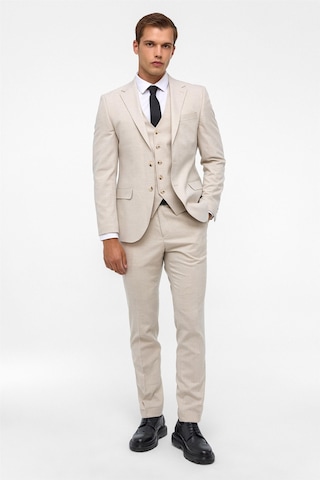 Süvari Ekru Slim Fit Desenli Mono Yaka 6 Drop Yelekli Klasik Takım Elbise