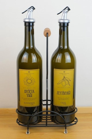 Digithome Petra 2'li Siyah Metal Standlı Ahşap Saplı Yağdanlık Seti Gold Etiketli Amber Yağlık 750 Ml