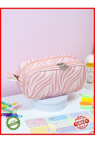 Kalem Kutusu Oval Tasarım İki Bölmeli Zebra Pembe Temalı Vegan Deri Kalemlik Onesize