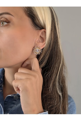 Güneş Göz Figür Nazar Altın Kaplama Çelik Küpe Gold