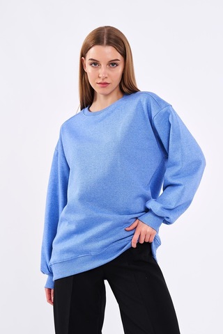 Comeor Mavi Kadın Pamuklu Oversize Basic Bisiklet Yaka Sweatshirt 001