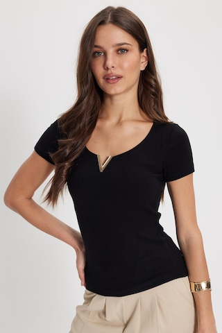 Tudors Kadın Slim Fit Dar Kesim Pamuklu V Yaka Kısa Kollu Siyah Bluz-50781