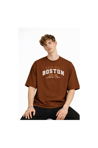 Misa Tahtakale Boston - Baskılı Oversize Tişört Kahve Çok Renkli