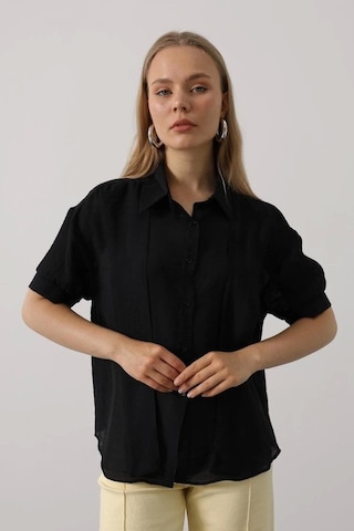 Defymoda Atkı Detaylı Yarım Kol Gömlek - Siyah Siyah