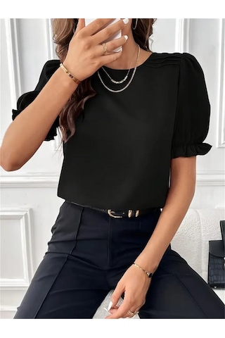Pazarella Kadın Kısa Kollu Bisiklet Yaka Kolları Gipeli Ithal Krep Bluz Siyah