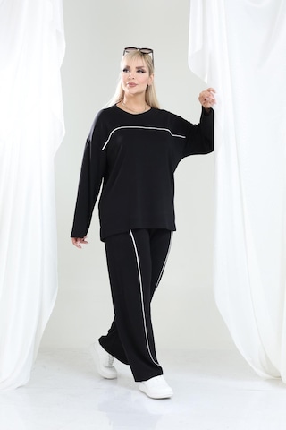 Biyeli Büyük Beden Oysho Tarzı Modal Kumaş Uzun Kollu Biyeli Rahat Günlük Takım Siyah