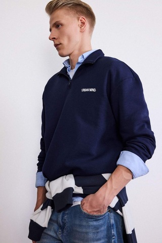 Defacto Boxy Fit Dik Yaka Yarım Fermuarlı Baskılı Sweatshirt G6476ax25wnnv253 Lacivert-nv253