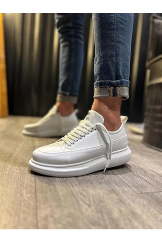 Mevese Meverk Cilt Erkek Sneaker Ayakkabı Kalın Taban Günlük Beyaz