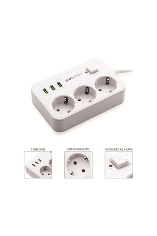 Polosmart MP08 3'lü Beyaz Akım Korumalı Priz