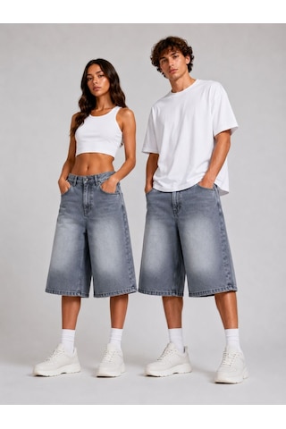 St.poll Eskitme Yıkama Unisex Baggy Denim Şort Gri