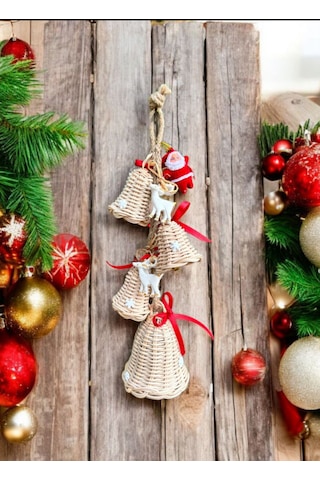 Bambu 4'lü Noel Çanı,geyik Noel Baba Arajmanlı Kapı Duvar Dekoru 33cm