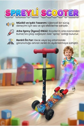 Işıklı Sesli Duman Atan 100 Kg Taşıma Kapasiteli Desenli Büyük Boy 3 Tekerlekli Çocuk Scooter Çok Renkli