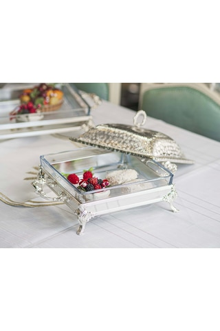 Gümüş Kaplama Sunumluk Kare Kapaklı Camlı Kumlu Doku