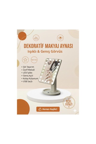 Led Işıklı Dekoratif Makyaj Aynası Geniş Açılı, Usb Şarjlı, Şık Tasarım Beyaz