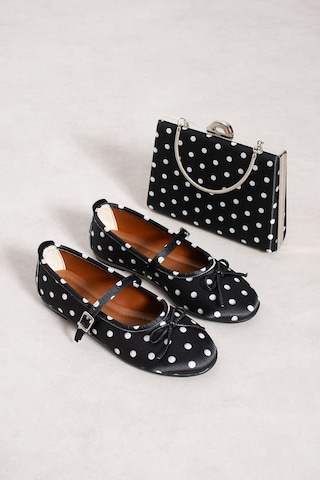 Dabab Shoes Penelop Kadın Siyah Saten Puantiyeli Fiyonk Detaylı Tokalı Mary Jane Babet Ayakkabı Ve Zincirli Çanta Seti