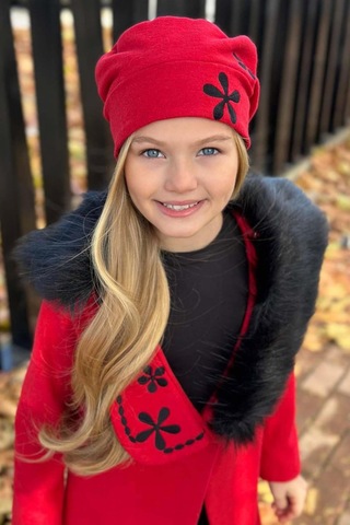 Riccotarz Kız Çocuk Yakası Kürk Ve Yonca Detaylı Etekli Kırmızı Kaşe Kırmızı