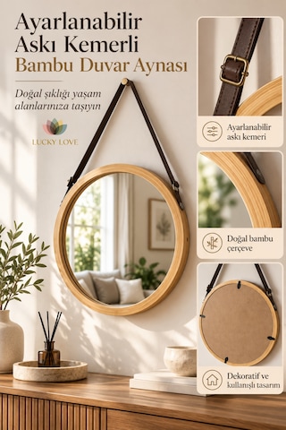 Bambu Çerçeveli Yuvarlak Duvar Aynası 30 Cm Ayarlanabilir Askı Kemerli Dekoratif Ayna Ahşap  - Bej