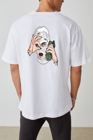 Thewert Unisex Mask Baskılı Beyaz Oversize Tshirt