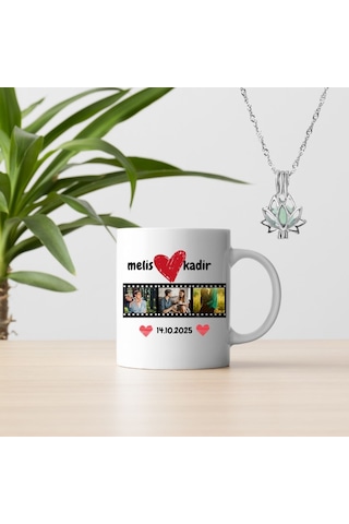 Kişiye Özel Film Şeridi Fotoğraflı Sevgili Kupası Ve Gece Parlayan Lotus Kolye Hediyelik Seti