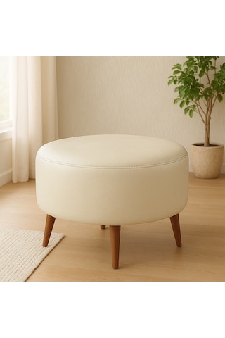 Large Büyük Yuvarlak Modern Puf - 60 Cm - Deri Kumaş - Krem