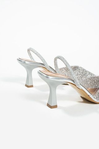 Duxal Shoes London Cam Kırıntıları Detay Arkası Açık Topuklu Ayakkabı GÜMÜŞ