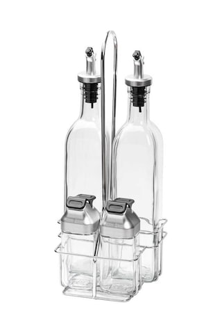 Tantitoni Metal Standlı 4lü Cam Sosluk Seti - Koruma Kapaklı 500ml/100ml Şeffaf
