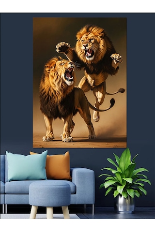 Ahşap Tablo Kavga Eden İki Aslan Resmi