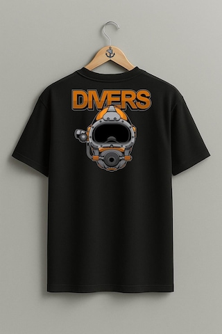 Oversize Divers Dalgıç Başlığı Göğüs Ve Sırt Tasarımlı Unisex T-shirt Siyah