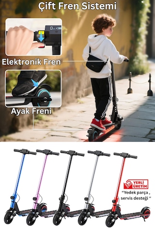 Elektrikli Çocuk Scooter - Çift Frenli Katlanabilir - Led Işıklı - Ön Çift Süspansiyonlu 8+ Mavi