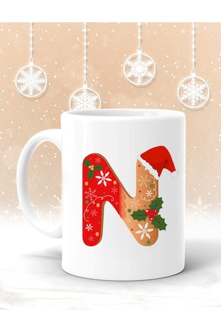 N Harf Baskılı Yılbaşına Özel Kupa Bardak - Yılbaşı Kupa - Noel Hediye - Yılbaşı Hediyesi Beyaz