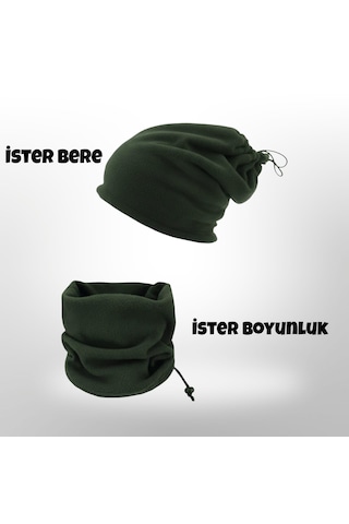 Qulothes Termal Polar Soğuk Geçirmez Bere & Boyunluk Unisex Pamuklu Kışlık Ayarlanabilir İpli Bere Haki