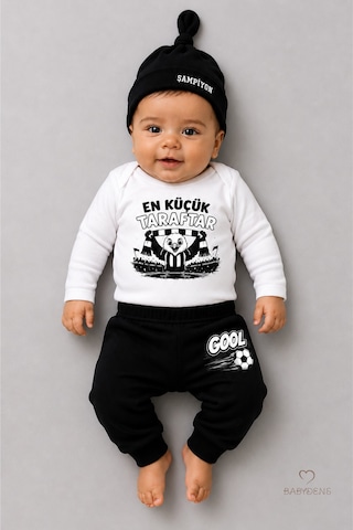 Babyden's %100 Pamuk Siyah Beyaz En Küçük Taraftar 3'lü Yenidoğan Bebek Takımı Uzun Kollu Body Pantolon Şapka Seti