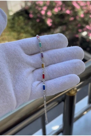 Kadın Gümüş Renk Renkli Zirkon Taşlı Özel Tasarım Bileklik 18 Cm Gümüş