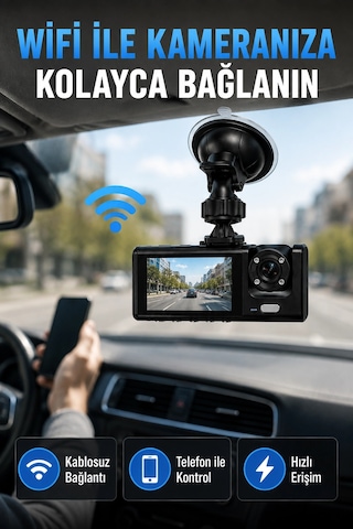 Çift Kameralı Wifi Araç Kamerası 170 Geniş Açı Full Hd Araç İçi Kayıt Sistemi