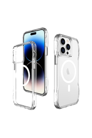 Bix iPhone Uyumlu 13 Pro / 14 Pro Octagon Hava Yastıklı Magsafe Kılıf Maksimum Korumalı Antrasit Kristal Şeffaf