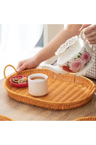 Porsima 708-a Oval 3'lü Hasır Tepsi Dekoratif Servis Sunum Tepsi