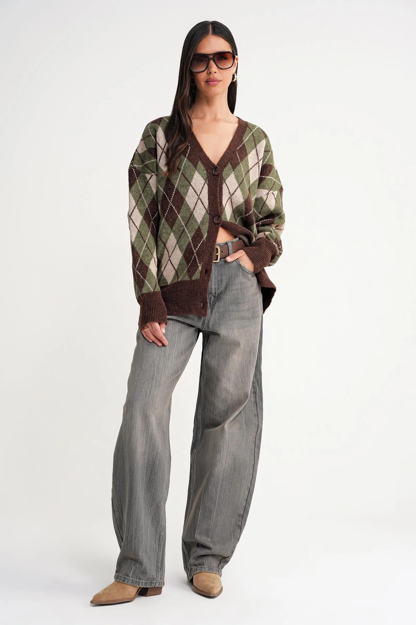 6937 Kadın Baklava Desenli Oversize Triko Hırka Haki Haki