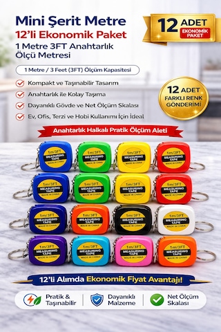Mini Şerit Metre 1 Metre 3ft Anahtarlık Ölçü Metresi Taşınabilir Cep Metre 12 Adet
