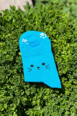 Lousocks Unisex Sevimli Kedi Kulaklı Pati Desenli Soket Çorap Turkuaz